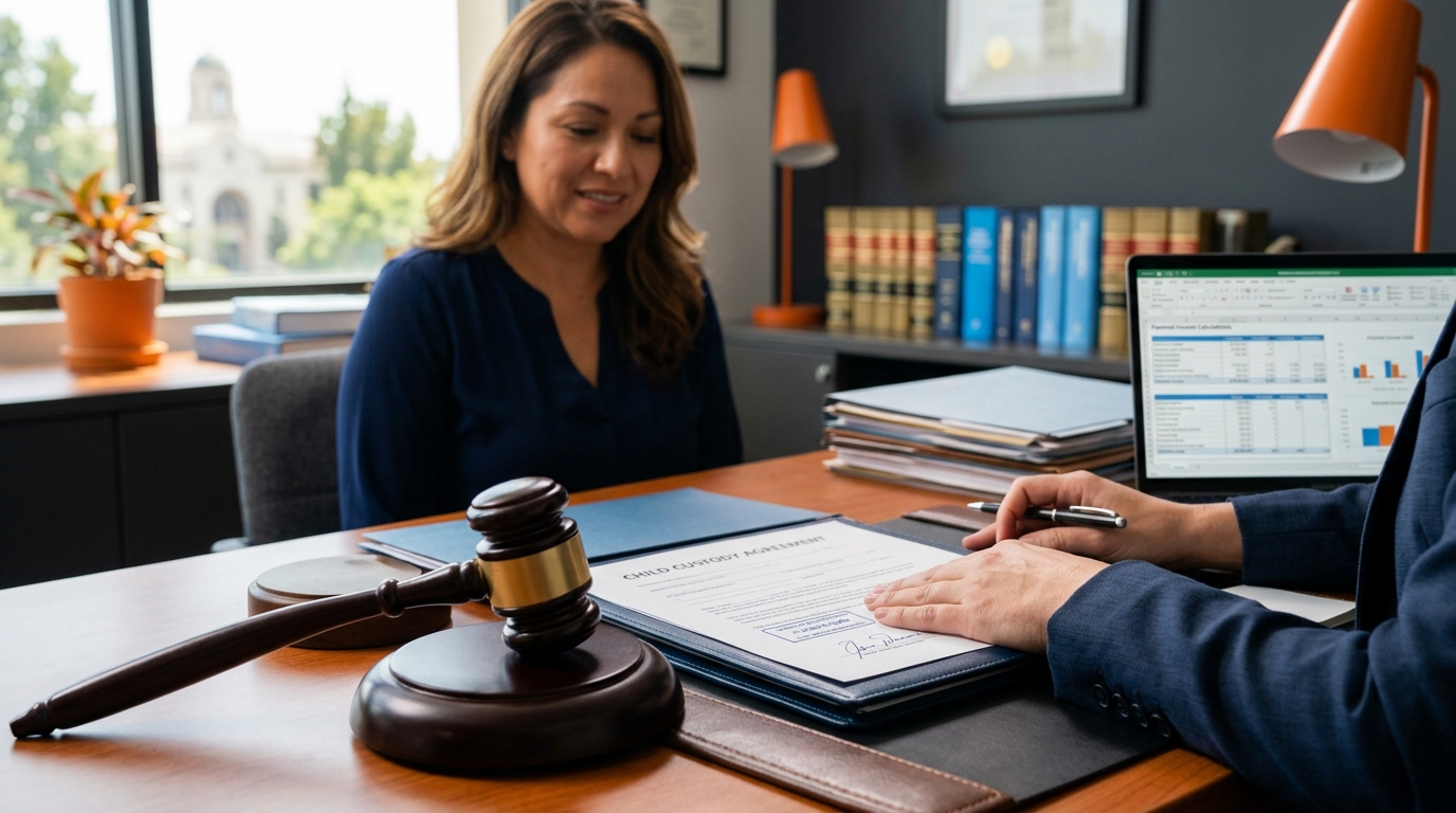 A close-up of a judge's gavel resting on a signed California child custody agreement, with blurred parental income calculation spreadsheets in the background.