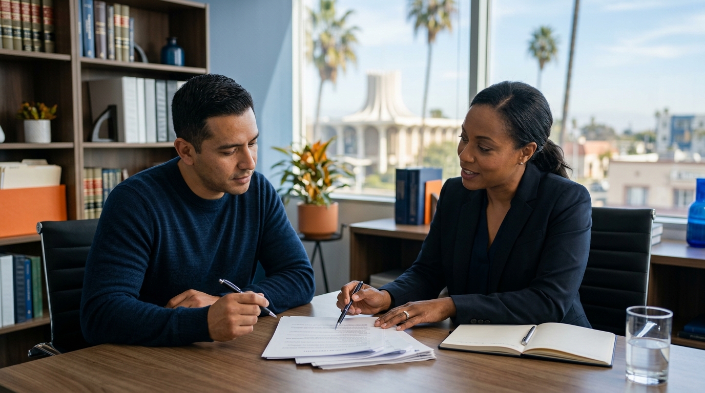 A concerned father consulting with a California family law attorney in a modern Downey office to review child custody documents.
