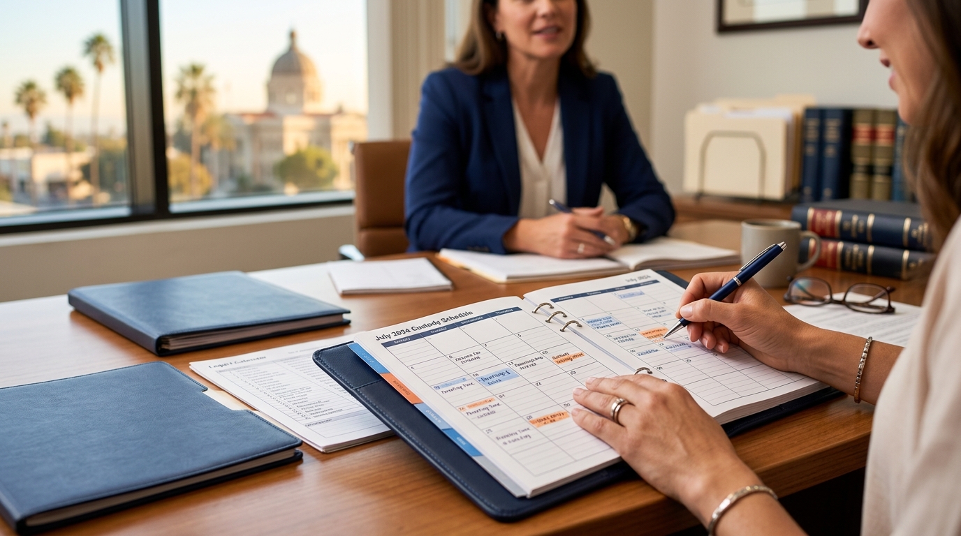 A close-up of a parent's hands organizing a detailed calendar and logbook to track parenting time and child custody schedules.