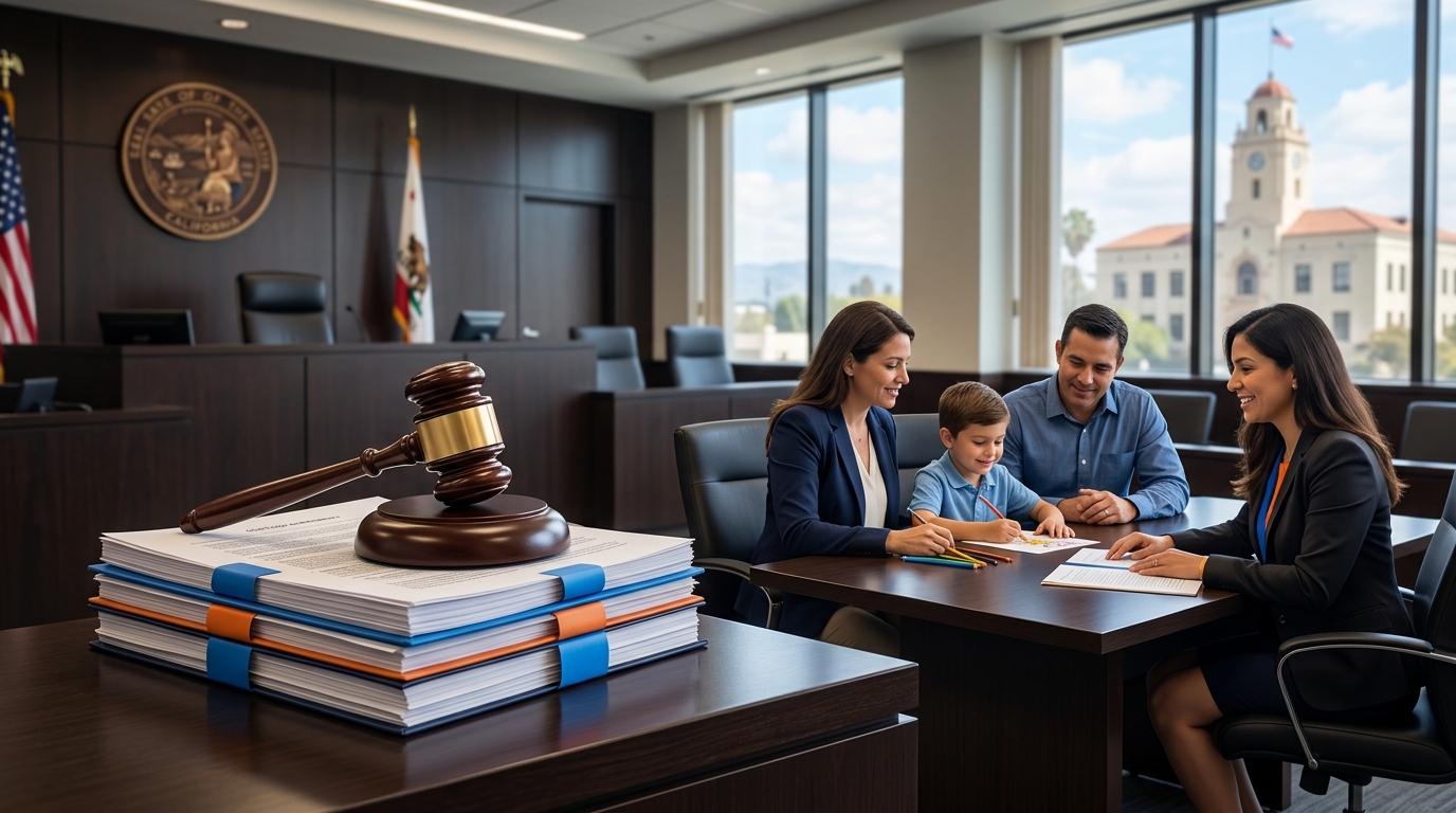 A judge's gavel resting on a stack of structured custody agreements in a California family court setting.