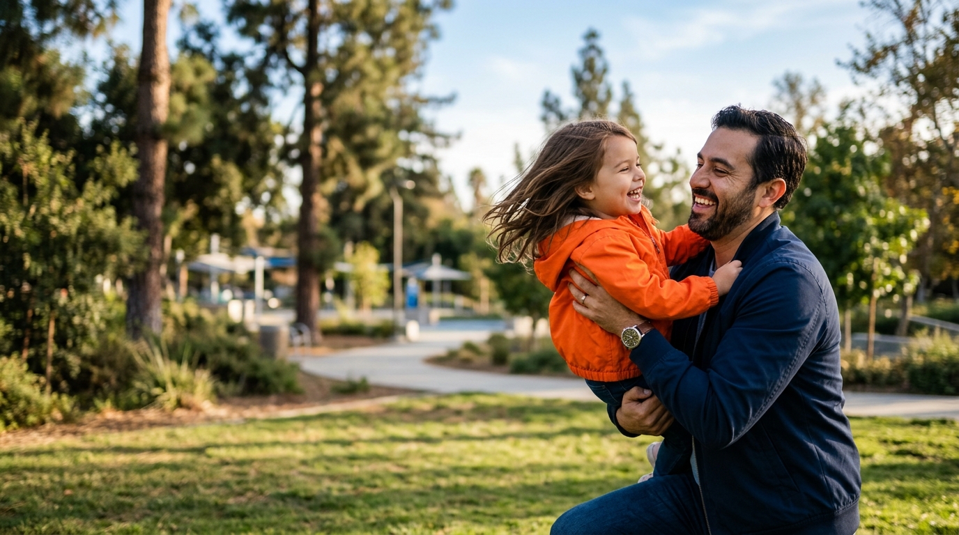 A father happily playing with his young daughter in a California park, demonstrating strong parental involvement.