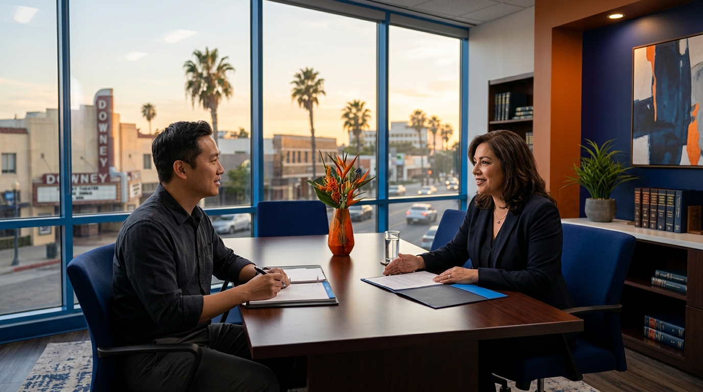 A parent discussing california child custody options with a family law attorney in Downey.