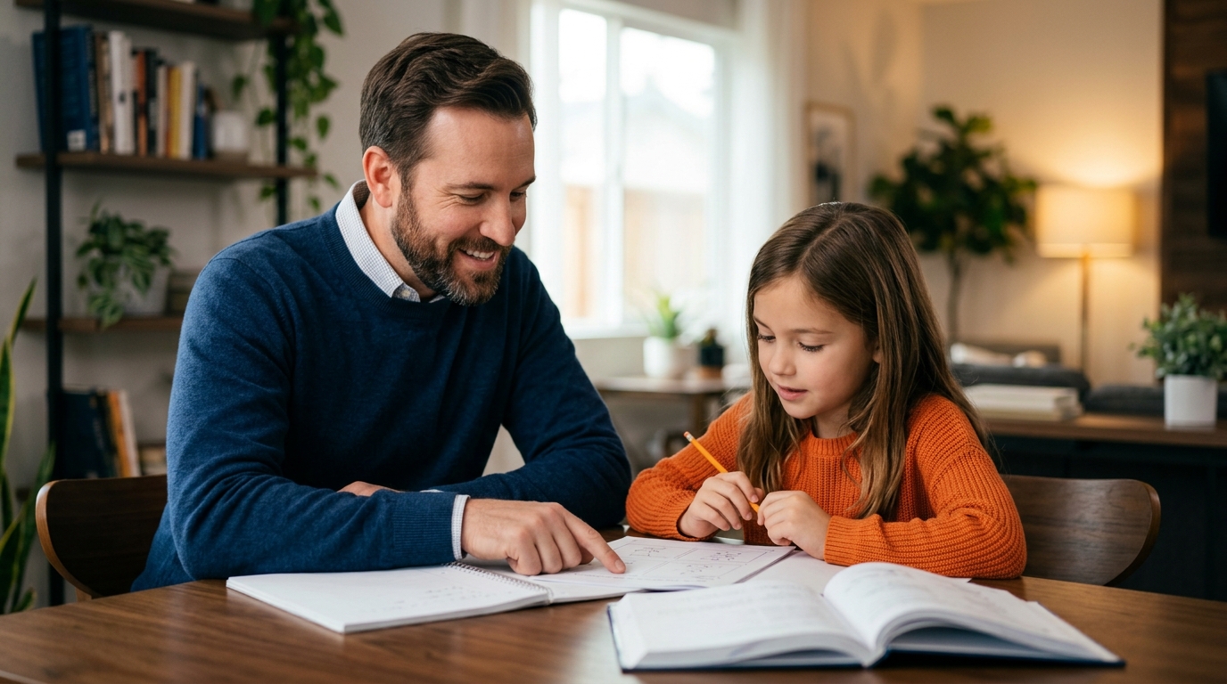 A father and daughter reviewing homework together at a kitchen table, representing active physical custody and parental involvement.