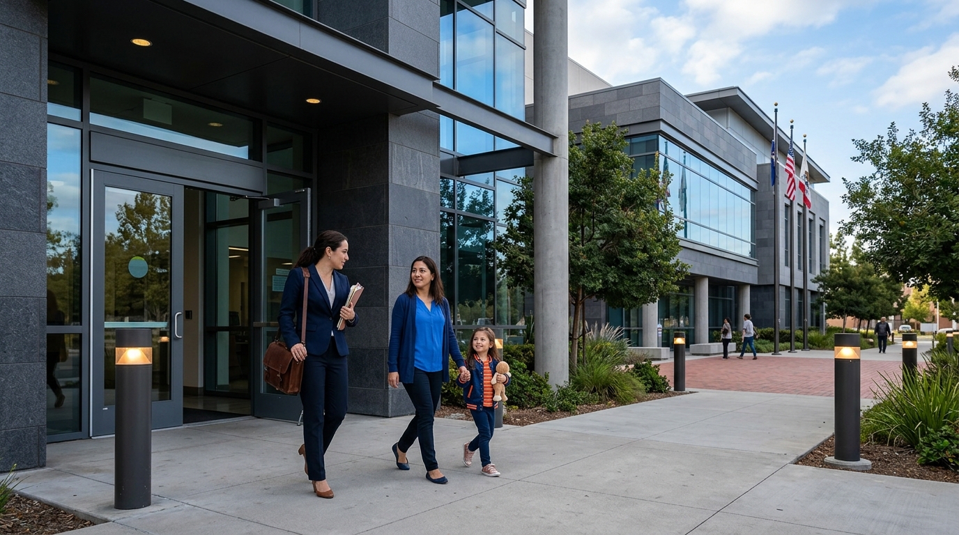 A Downey California family court building exterior, showing the legal setting where child custody decisions are finalized.