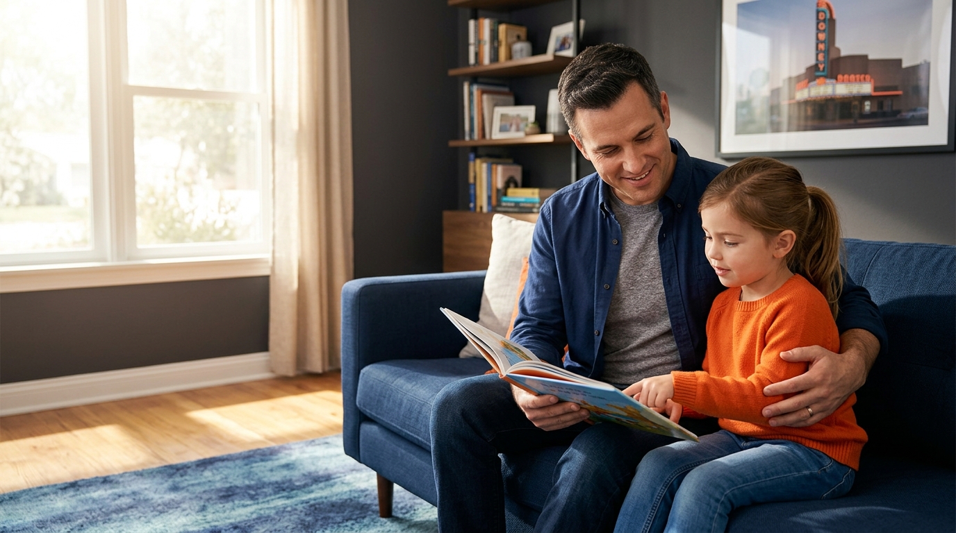 A father and daughter reading a book together, highlighting the importance of father's rights in california.