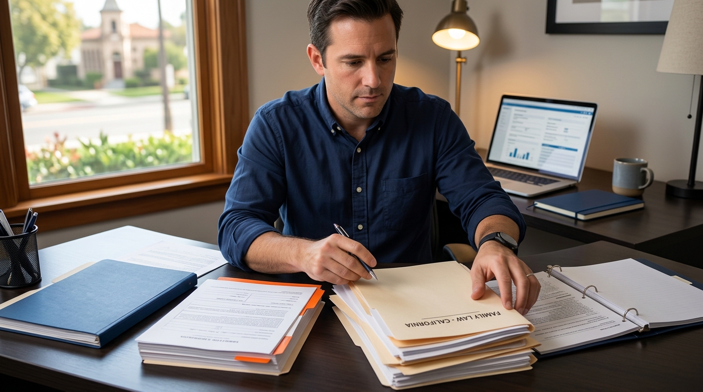 A close-up of a father organizing divorce paperwork to protect father's rights in california.