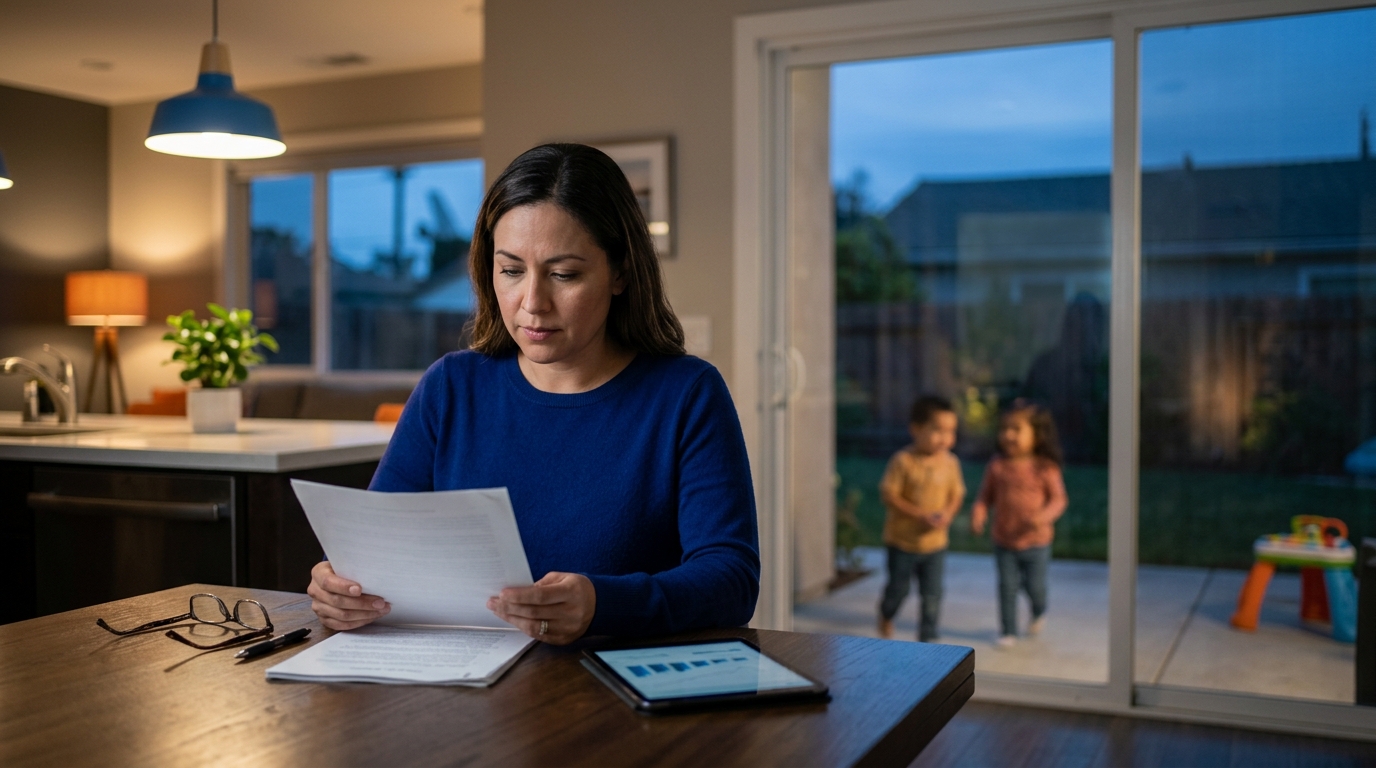 A concerned but resolute parent reviewing legal documents at a kitchen table with a blurred background of children playing