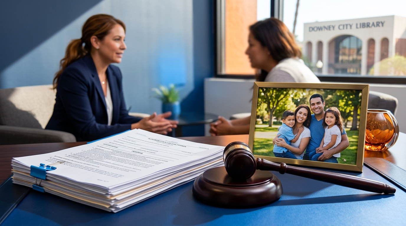 A judge's gavel resting next to a family photograph and a stack of California family law documents