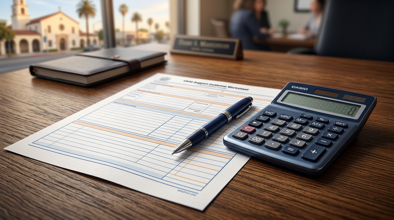 A close-up of a calculator, a pen, and a child support guideline worksheet on a wooden desk