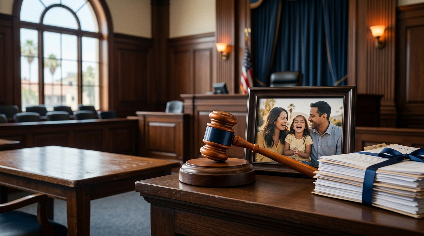 A judge's gavel resting next to a family photo and legal documents in a California courtroom setting.