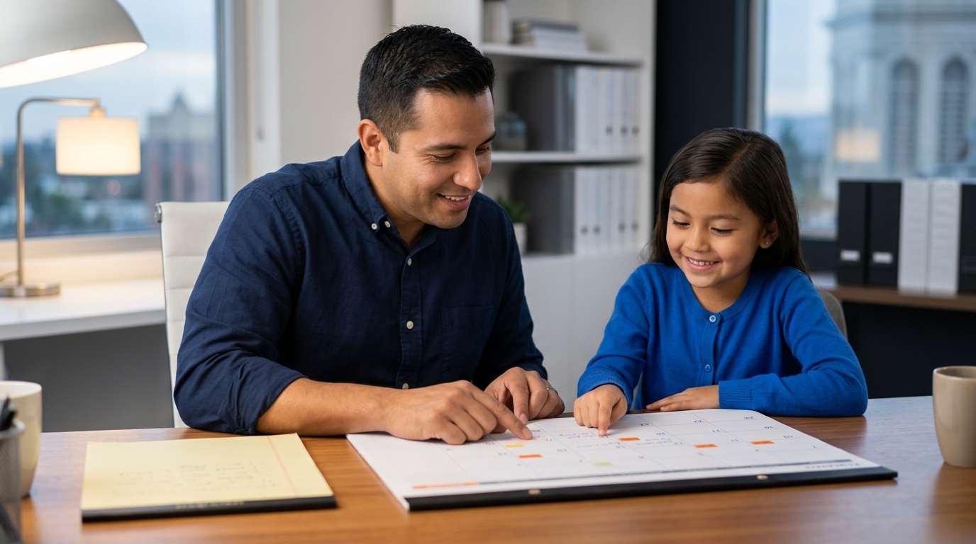 A father and daughter reviewing a calendar together, symbolizing a structured and healthy visitation schedule.