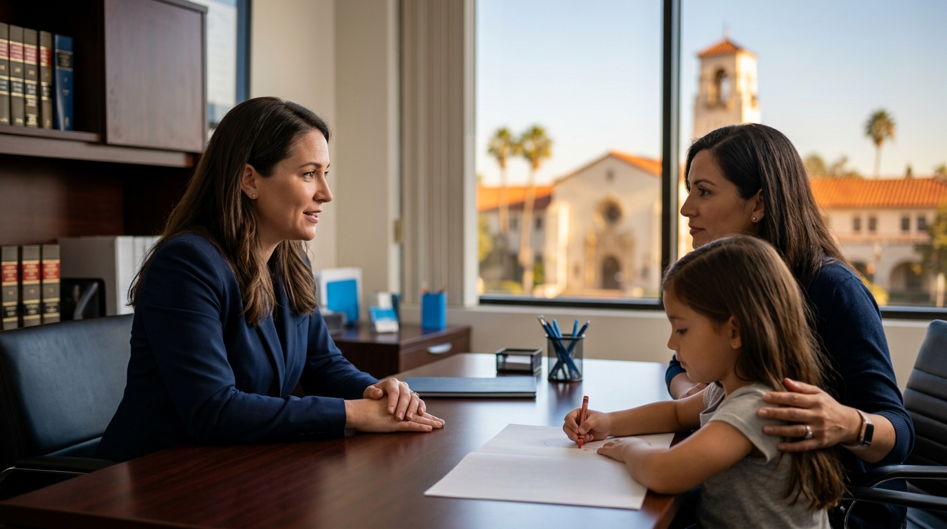 A clean, modern infographic outlining the California child custody process from initial filing to final court order.