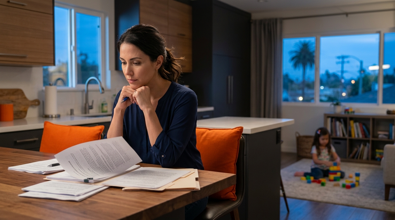 A stressed parent sitting at a kitchen table looking over California child custody legal documents while a child plays in the background