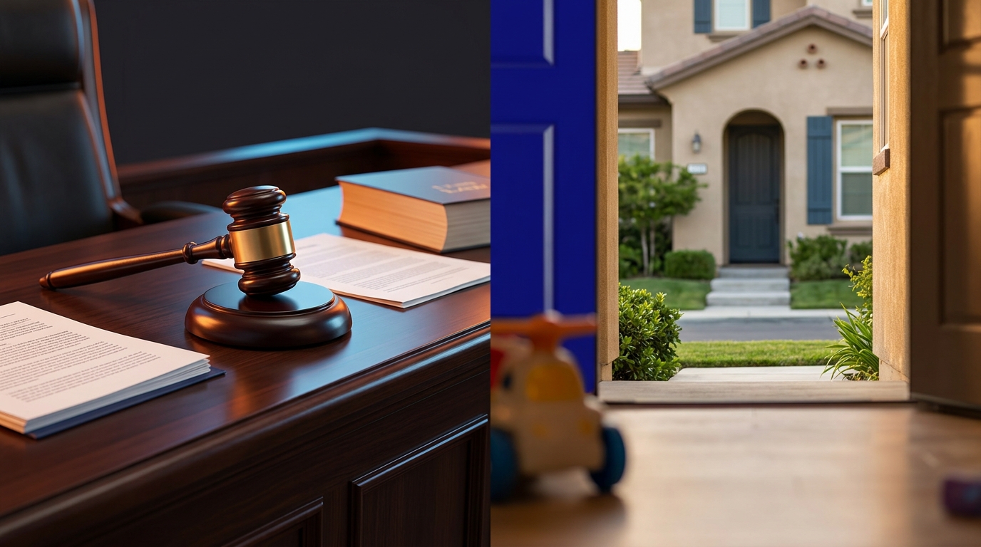 A split-screen graphic showing a gavel on one side representing legal custody and a house on the other representing physical custody