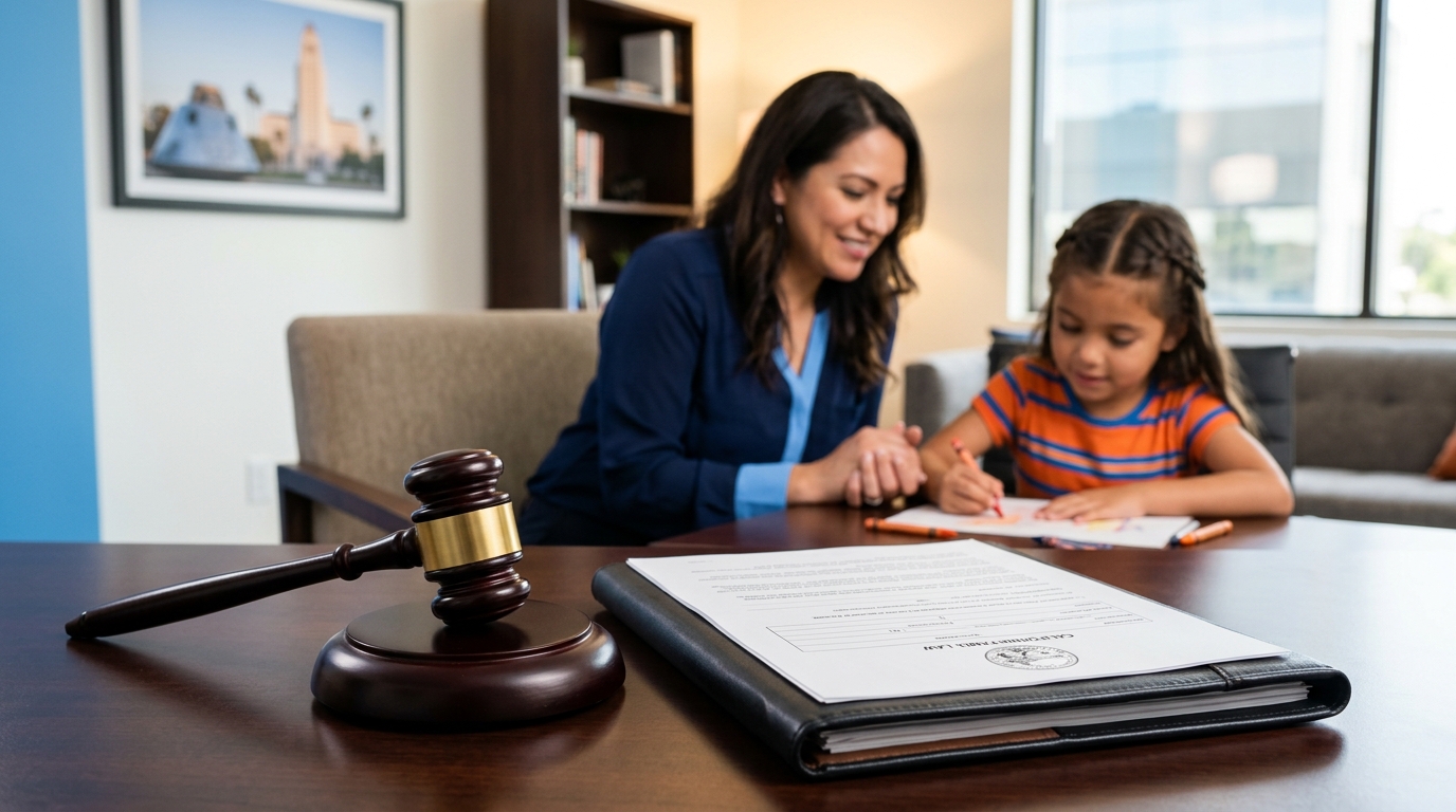 A gavel resting on a California family law document next to a blurred photo of a parent and child.