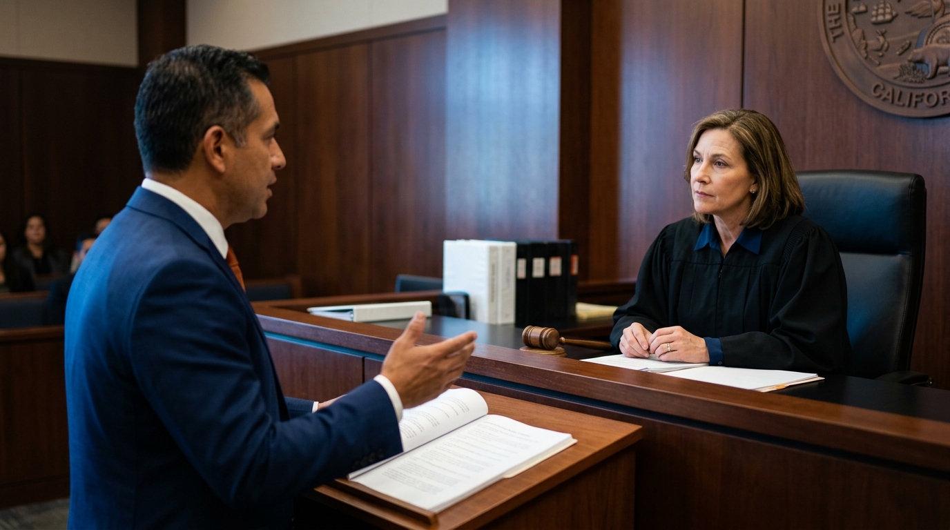 A judge in a courtroom attentively listening to a family law attorney presenting a case.