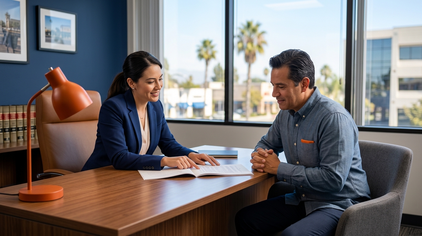 A confident family attorney sitting across a desk from a relieved parent, reviewing a legal document together in a modern Downey law office.