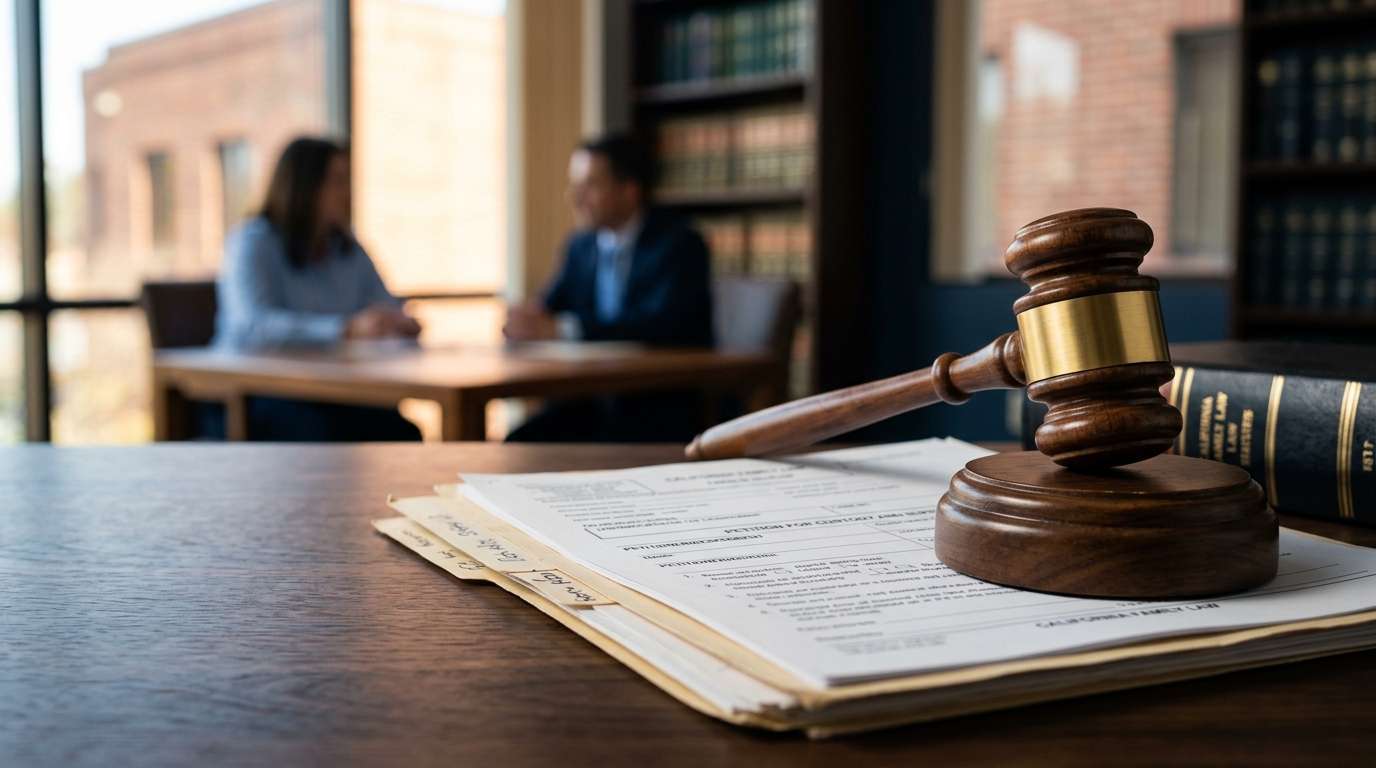 A wooden judge's gavel resting on top of California family law statutes and a printed child custody agreement form.