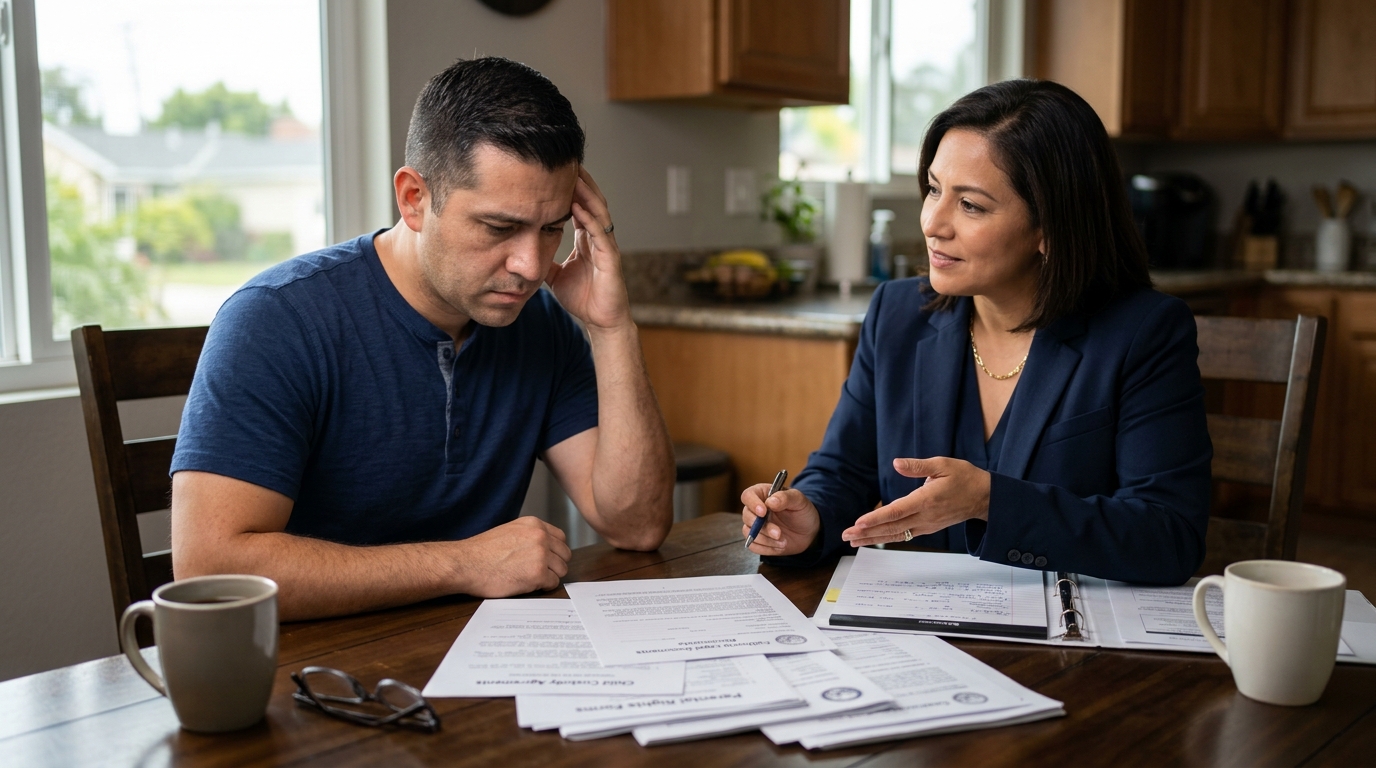 A stressed parent sitting at a kitchen table looking over legal documents with a supportive Downey family lawyer explaining the paperwork.