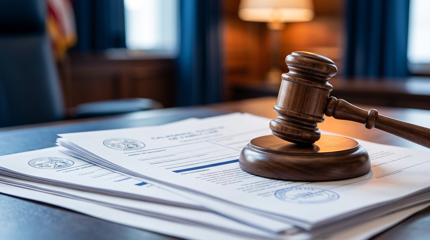 A close-up of a judge's gavel resting on top of California family law documents, representing the official california child custody rules.