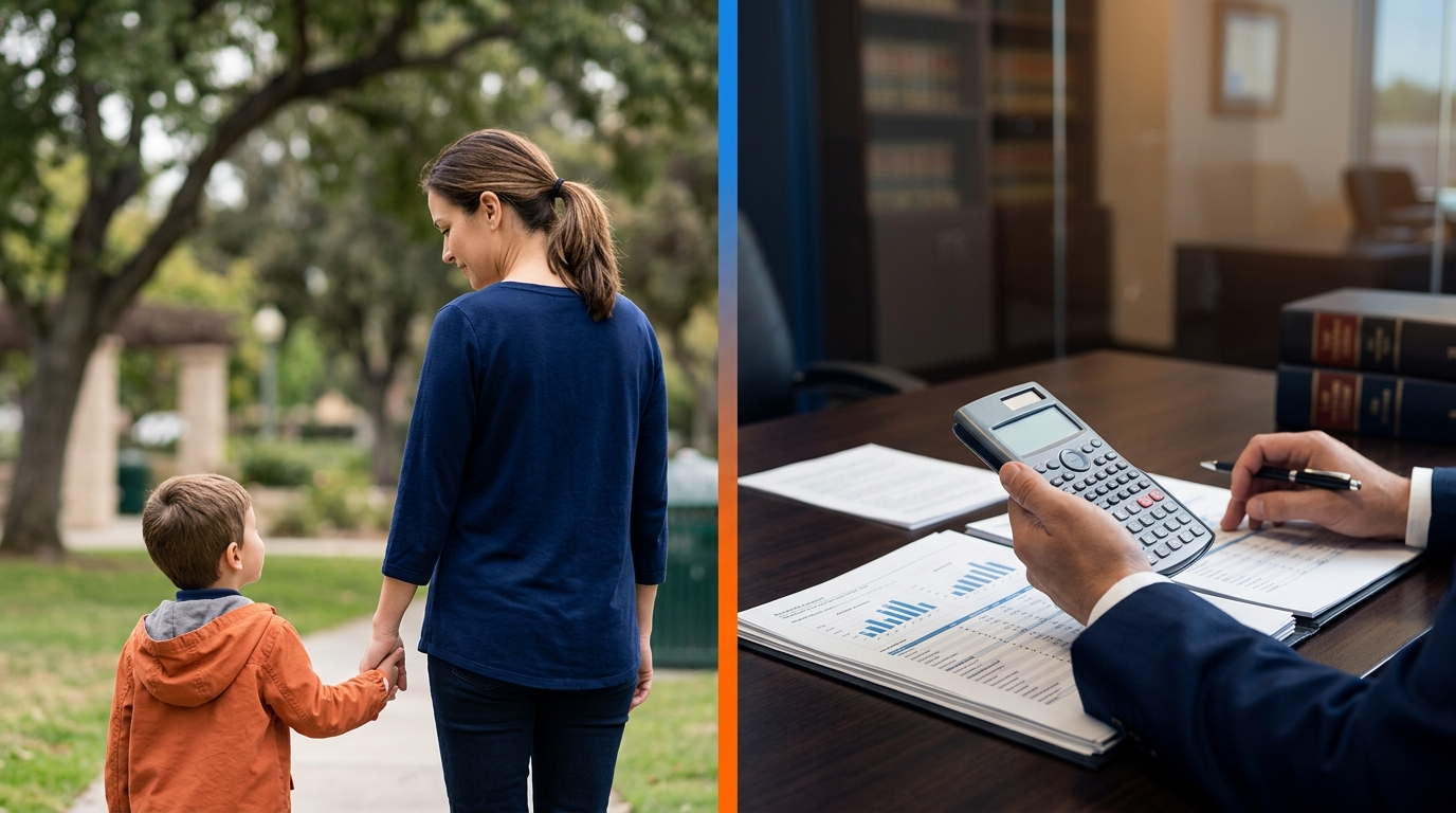 A split-screen image showing a loving parent holding a child's hand on one side, and a calculator with financial documents on the other, representing the intersection of custody and support.