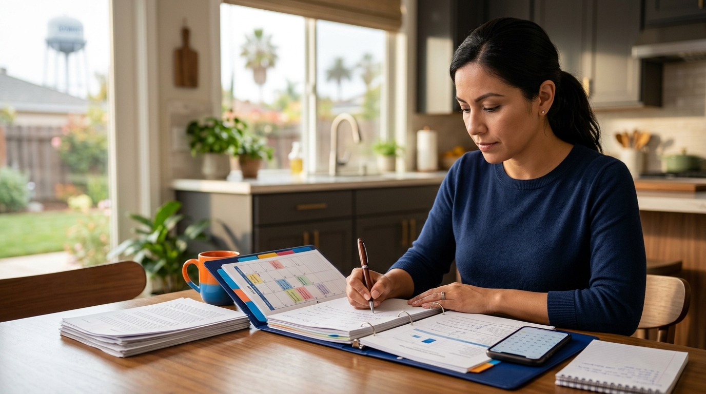 A parent organizing a detailed calendar and folder of documents at a kitchen table, symbolizing meticulous custody record-keeping.