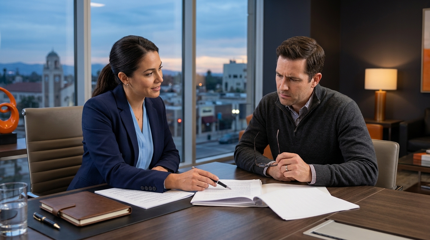 A professional attorney discussing california child custody options with a concerned parent in a modern Downey law office.