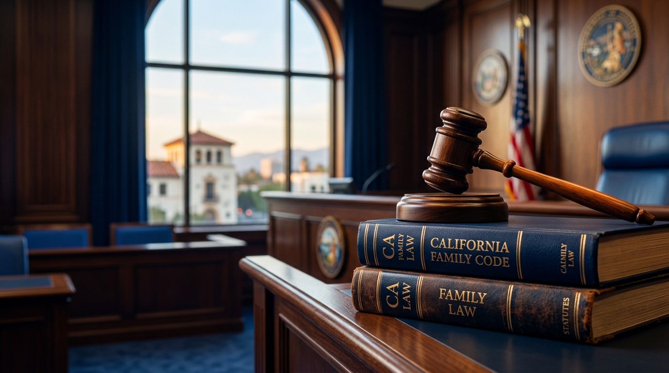 A wooden judge's gavel resting on top of a stack of California family law statute books, symbolizing the court's authority in custody decisions.
