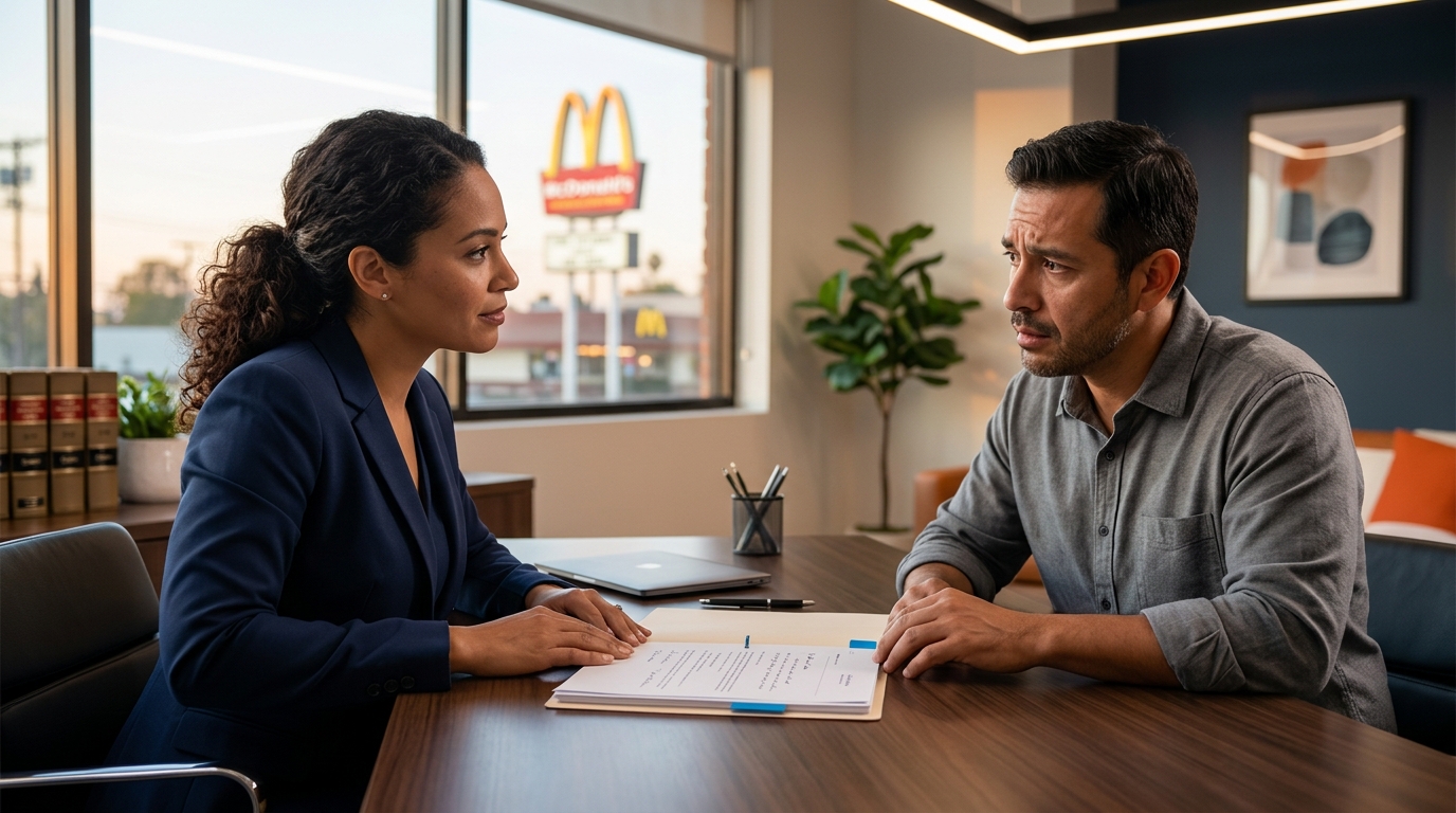 A compassionate family attorney reviewing California child custody documents with a concerned parent in a Downey law office.