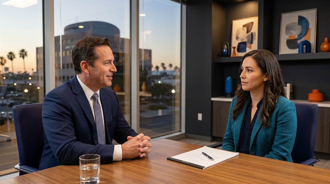 A concerned but hopeful parent sitting across a desk from a professional, empathetic family law attorney in a modern Downey office.