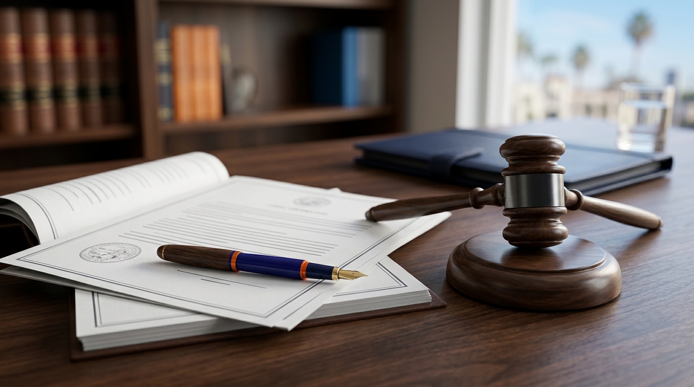 A close-up of legal documents titled "Child Custody Agreement" resting on a wooden desk next to a pen and a judge's gavel.