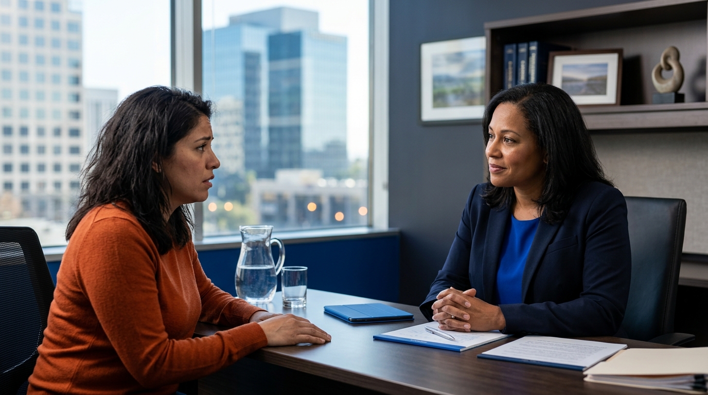A worried parent consulting with a professional, compassionate family lawyer in a modern Downey, California office.