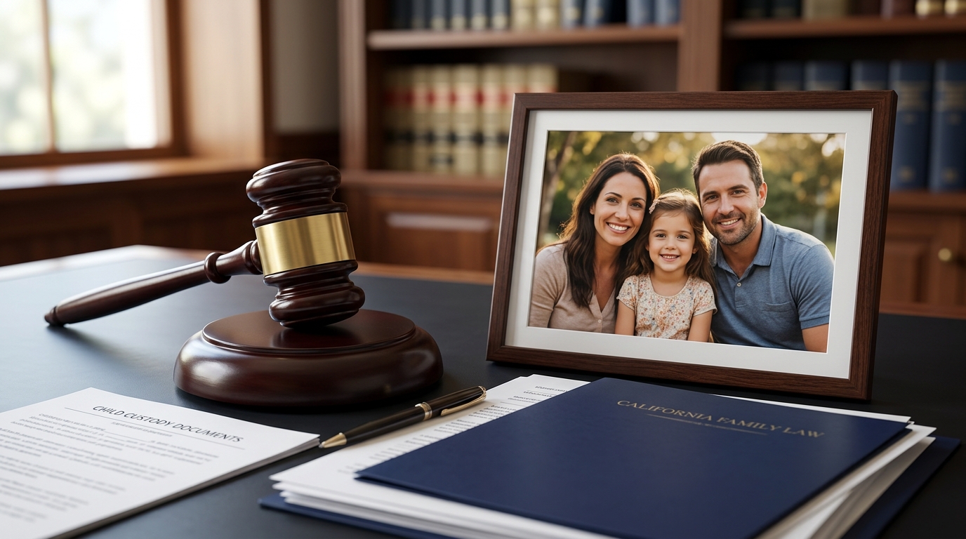 A judge's gavel resting next to a family photograph and legal documents outlining the best interests of the child standard.