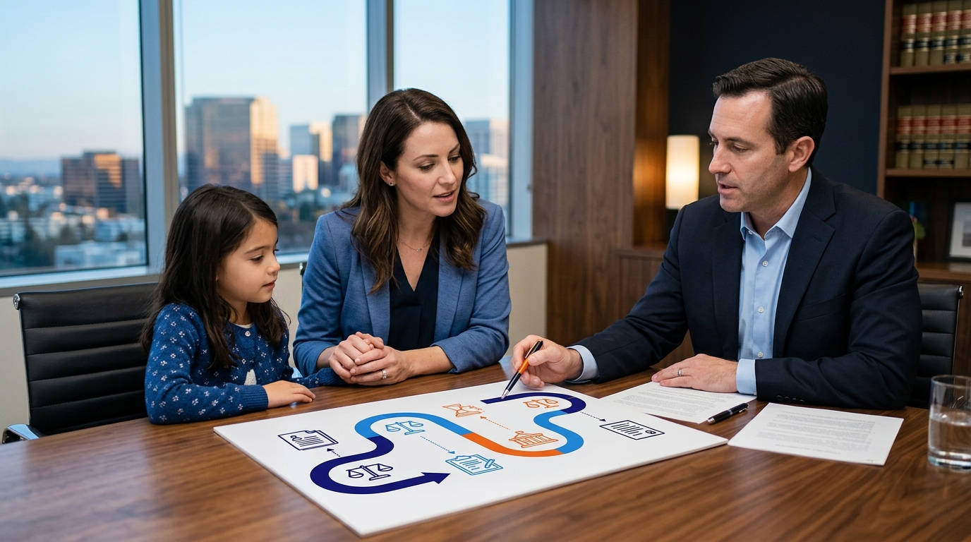 A detailed infographic timeline showing the steps of a California child custody case, from initial filing through mediation and final court orders.