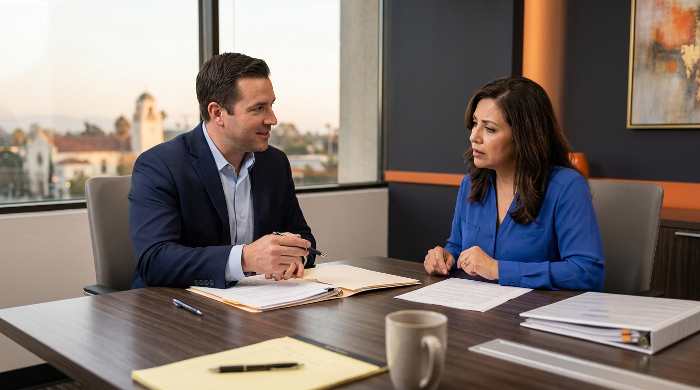 A professional family lawyer reviewing asset division documents with a concerned client during a California divorce.