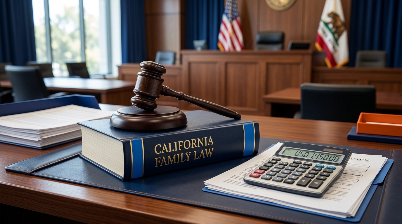 A judge's gavel resting on California family law statutes next to a calculator used for child support.