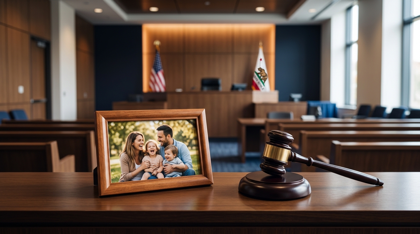A judge's gavel resting next to a family photograph, representing the legal protection of California parental rights.