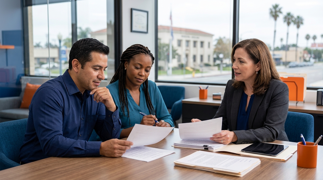 Two parents and a family attorney sitting around a conference table in Downey, California, reviewing child custody documents.