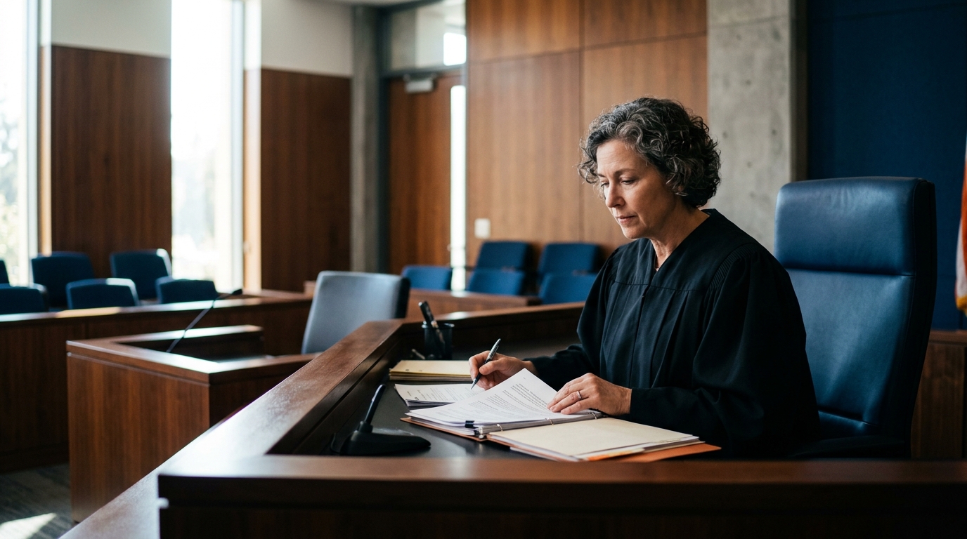 A California family court judge reviewing custody documents while sitting at the bench in a courtroom.