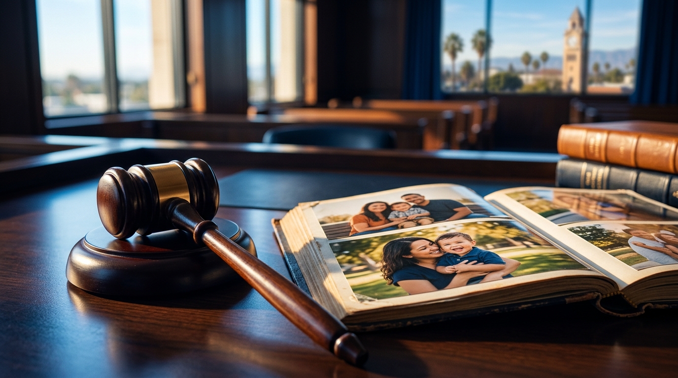 A judge's gavel resting next to a family photograph on a wooden desk, representing California child custody laws