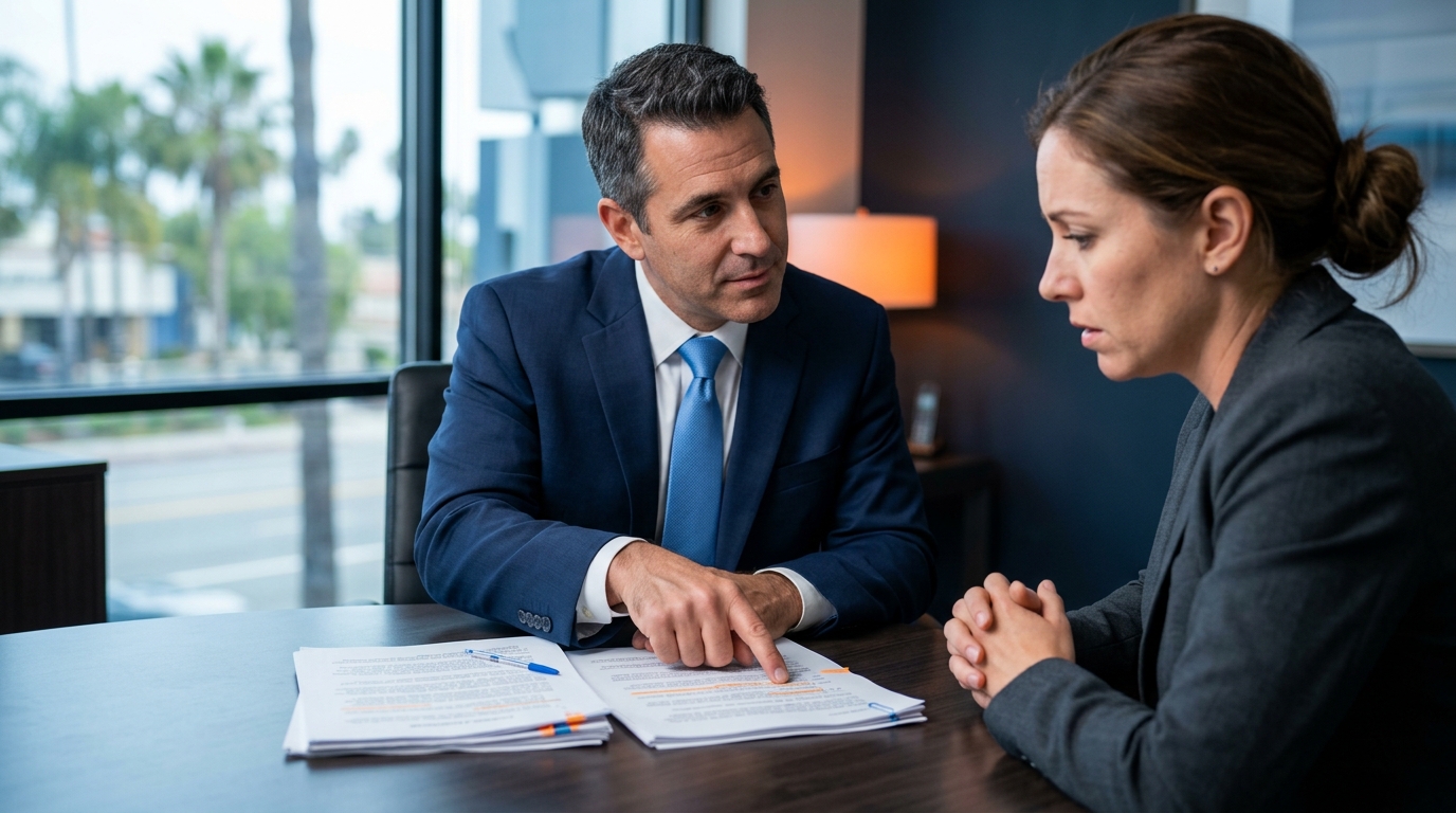 A professional family lawyer firmly pointing at a custody agreement document while consulting with an anxious parent