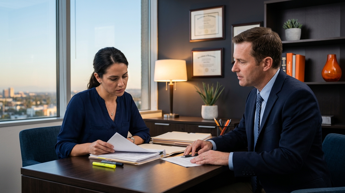 A stressed but determined parent sitting at a desk reviewing legal documents with a family lawyer in a modern Downey office.