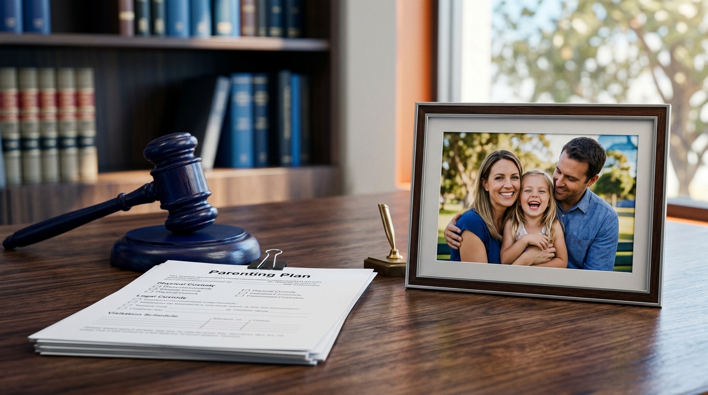 A judge's gavel resting next to a family photo and a document titled 'Parenting Plan' on a polished wooden desk.