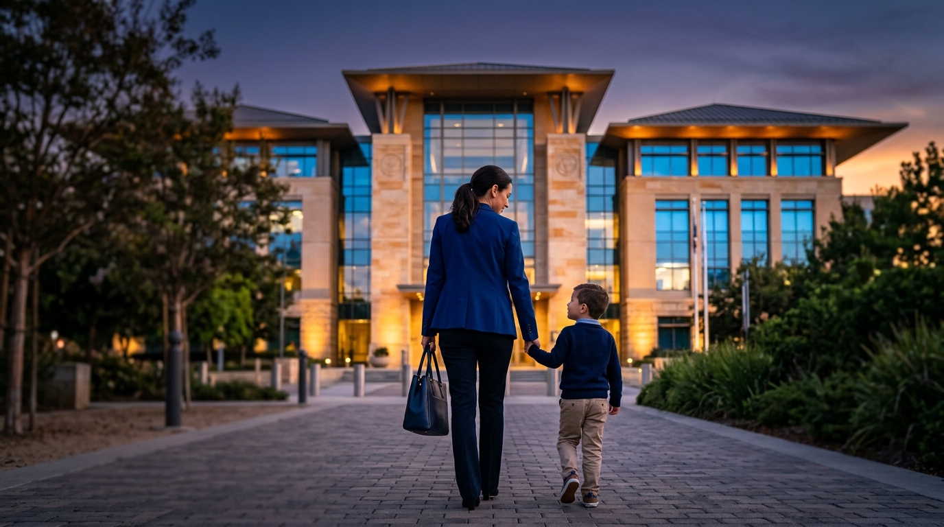 A close-up of a parent holding a young child's hand while walking towards a California courthouse, symbolizing protection and legal rights.