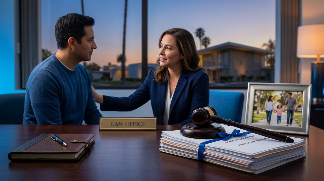 A judge's gavel resting on California family law documents next to a blurred photo of a parent and child.