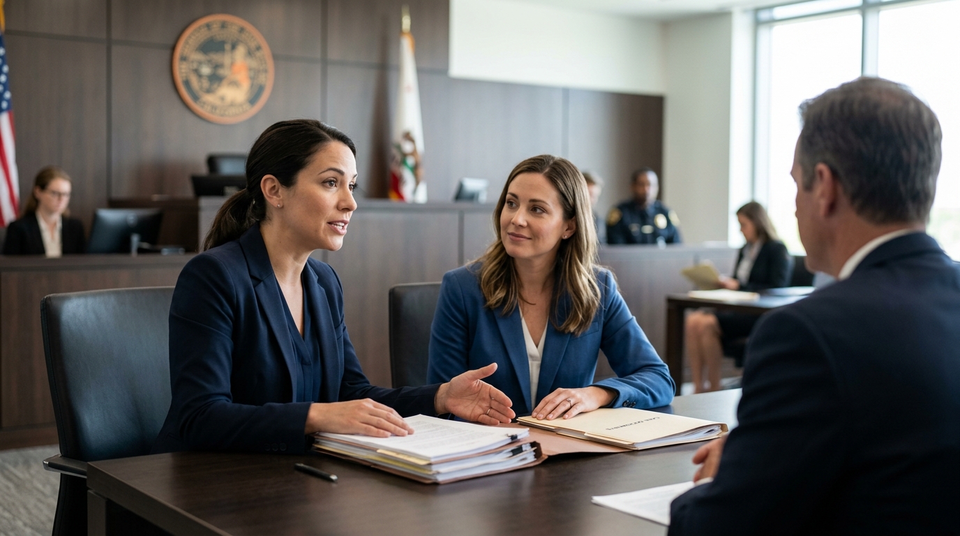 A Downey, California family lawyer aggressively advocating for a parent in a modern courtroom setting.