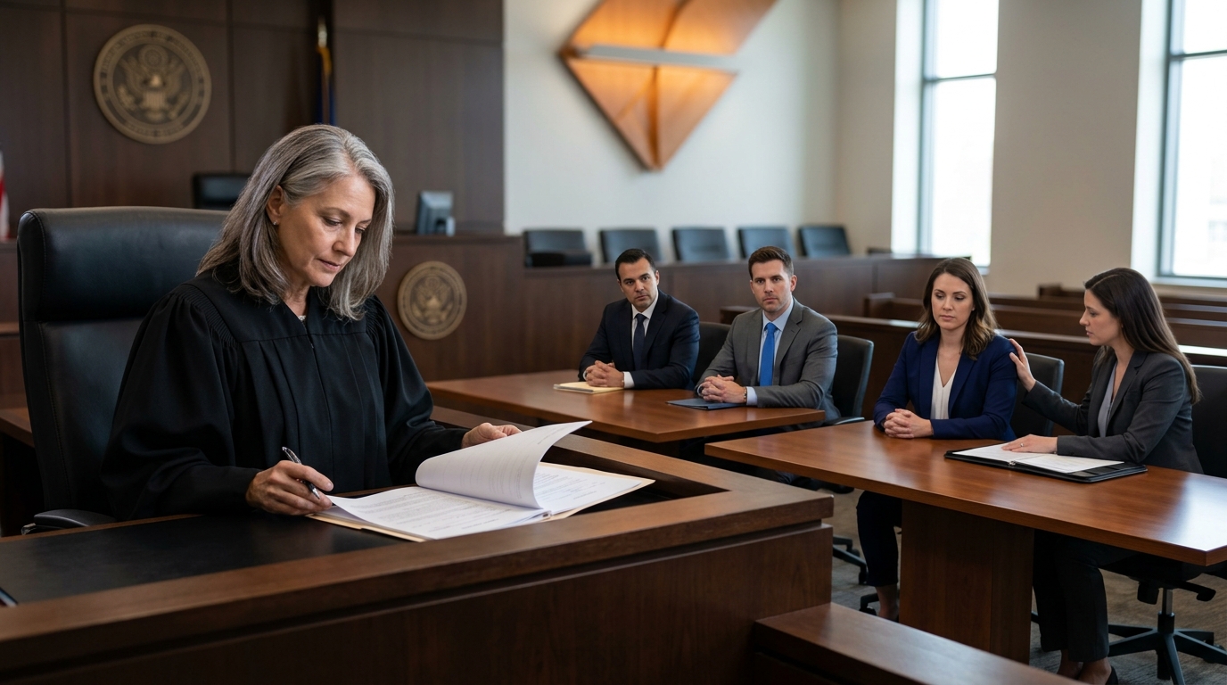 A judge reviewing california child custody documents in a California family court while two parents sit with their respective attorneys.