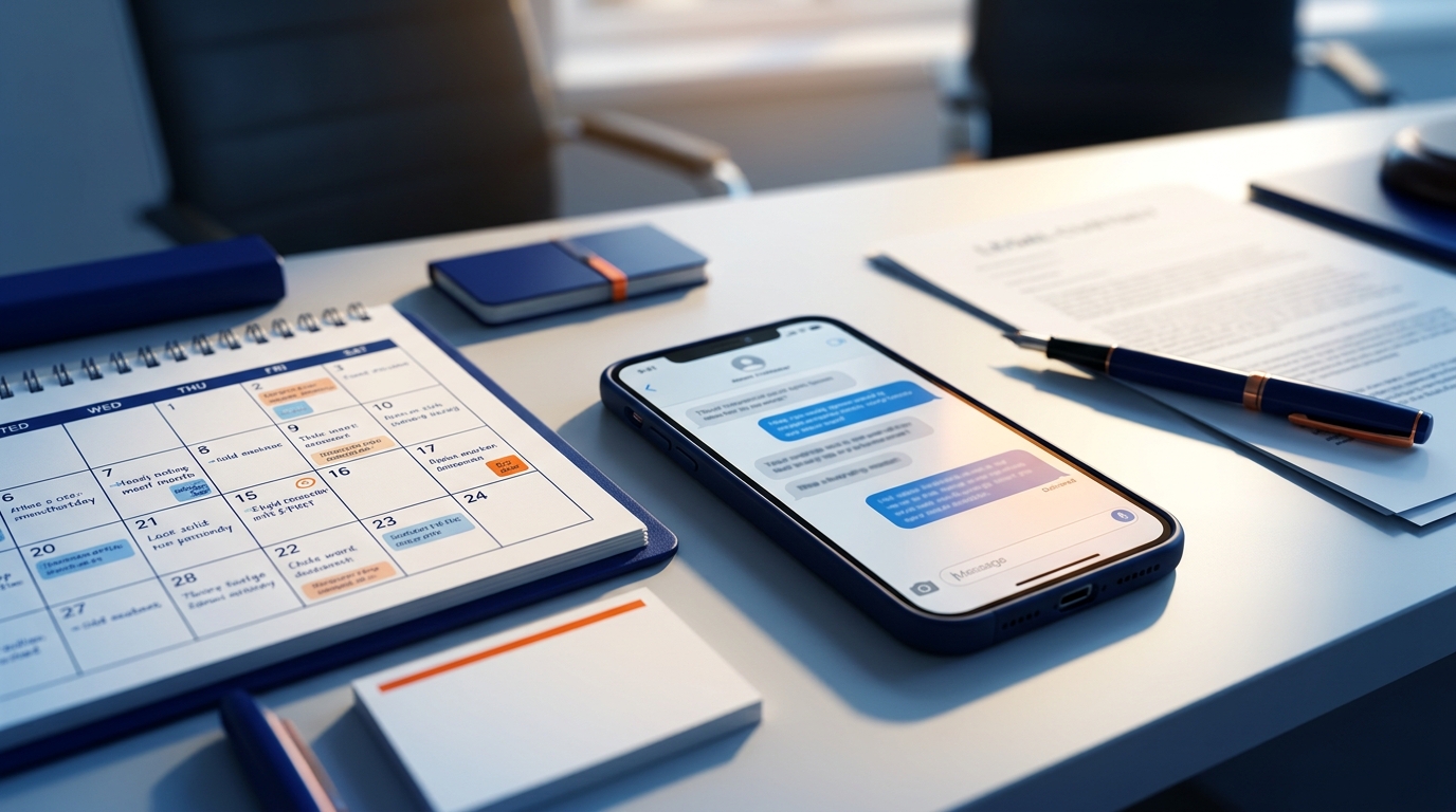 A detailed calendar and a smartphone showing text messages, representing meticulous documentation for a child custody case.