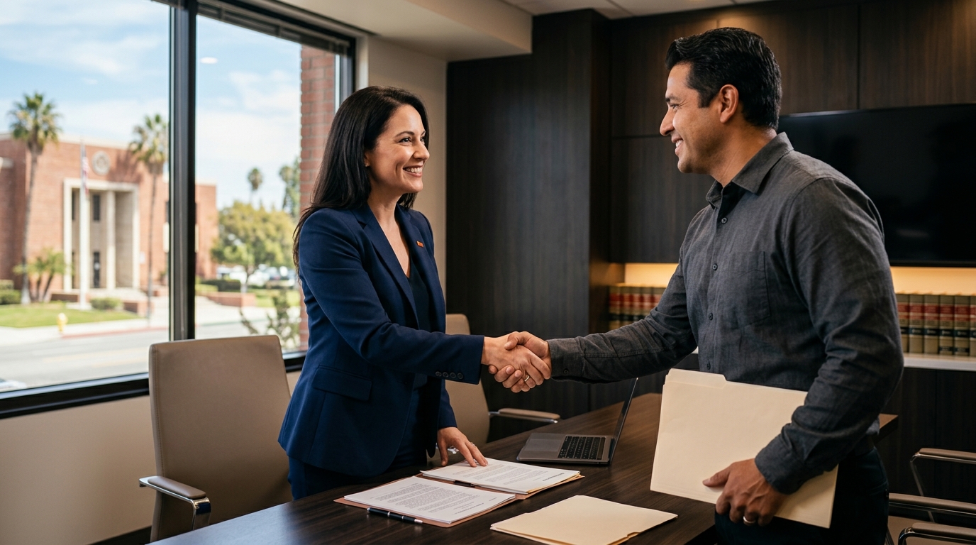 A professional family lawyer in Downey, California, shaking hands with a relieved parent after a successful custody hearing.
