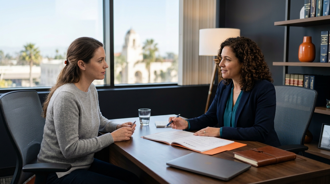 A compassionate family lawyer discussing california child custody options with a concerned parent in Downey.